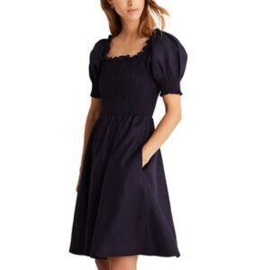 Boden Linen Dress Smocked Bodice Puff Sleeve Mini Dress Size 14